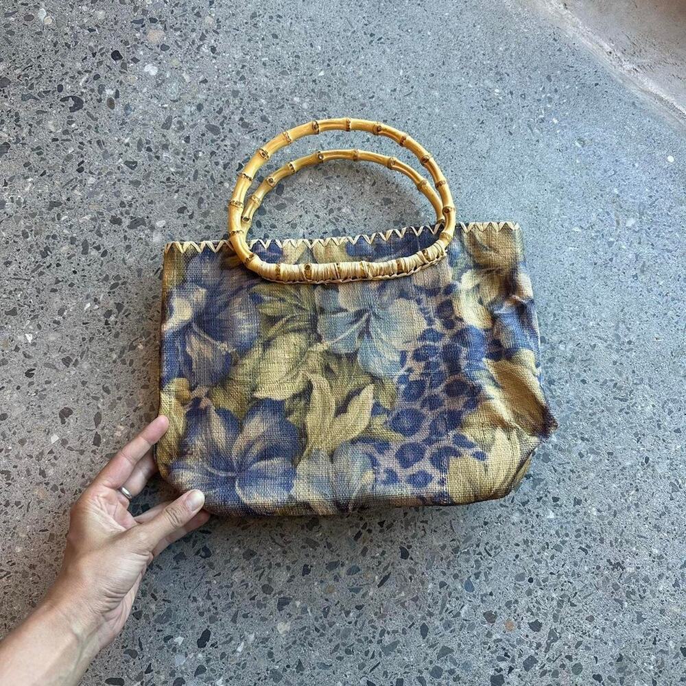 Scala Collection Women's Handbag Blue Cream Floral Bamboo Handle Vintage